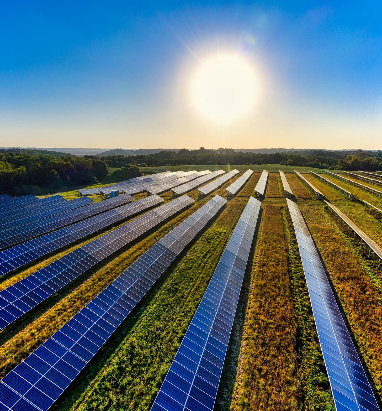 Aerial view of a solar energy farm